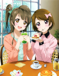 Rule 34 | 10s, 2girls, absurdres, blush, bow, brown eyes, brown hair, cake, casual, cheesecake, cherry, detexted, drink, food, fruit, hair bow, happy, highres, indoors, koizumi hanayo, looking at viewer, love live!, love live! school idol project, minami kotori, multiple girls, murota yuuhei, non-web source, official art, open mouth, pancake, pink eyes, pov across table, scan, side ponytail, smile, third-party edit, wicker, wicker chair