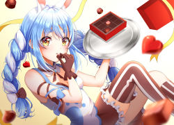 Rule 34 | 1girl, absurdres, alternate costume, animal ear fluff, animal ears, arm ribbon, asymmetrical legwear, bare shoulders, blue hair, blush, box, box of chocolates, breasts, brown gloves, brown skirt, frilled skirt, frills, gloves, highres, hikimayu, holding, holding tray, hololive, kneehighs, long hair, looking at viewer, multicolored hair, nanami hitomi, orange eyes, original, parted lips, rabbit-shaped pupils, rabbit ears, ribbon, short eyebrows, single kneehigh, single sock, single thighhigh, skirt, small breasts, socks, solo, symbol-shaped pupils, tank top, thighhighs, tray, twintails, two-tone hair, uneven legwear, usada pekora, valentine, very long sleeves, virtual youtuber, white hair