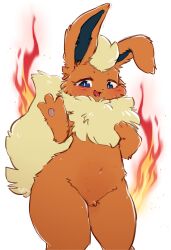 Rule 34 | 1girl, :3, absurdres, animal ears, animal hands, artist name, blonde hair, blue eyes, blush, body fur, bright pupils, creatures (company), dated, extra breasts, female focus, fire, flareon, flat chest, furry, furry female, game freak, gen 1 pokemon, groin, hands up, happy, highres, ingi, looking at viewer, navel, neck fur, nintendo, nipples, open mouth, orange fur, pawpads, personification, pokemon, pokemon (creature), short hair, signature, smile, solo, standing, stomach, tail, teeth, thick thighs, thighs, tongue, two-tone fur, waving, white background, white pupils, wide hips, yellow fur