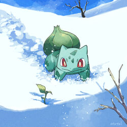 Rule 34 | bare tree, bright pupils, bulbasaur, claws, closed mouth, commentary request, creatures (company), day, game freak, gen 1 pokemon, looking down, nintendo, no humans, ototoi (eevees813), outdoors, pokemon, pokemon (creature), red eyes, sapling, snow, solo, tree, white pupils
