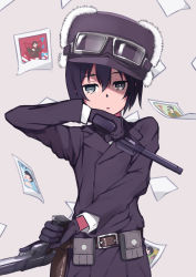 Rule 34 | 1girl, absurdres, androgynous, aruhi no taro, bad id, bad pixiv id, belt, belt buckle, belt pouch, black eyes, black gloves, black hair, black hat, black jacket, brown belt, buckle, coat, commentary, cowboy shot, dual wielding, expressionless, fur hat, fur trim, gloves, goggles, goggles on headwear, grey background, gun, hair between eyes, handgun, hat, highres, holding, holding gun, holding weapon, holster, jacket, kino (kino no tabi), kino no tabi, long sleeves, looking at viewer, parted lips, photo (object), polaroid, pouch, shadow, shirt, short hair, simple background, solo, trigger discipline, ushanka, weapon, white shirt