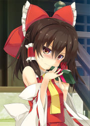 Rule 34 | &gt;:|, 1girl, :|, bare shoulders, blush, bow, box, breasts, brown hair, closed mouth, commentary request, detached sleeves, gift, gift box, hair bow, hair tubes, hakurei reimu, half updo, large bow, looking at viewer, medium breasts, necktie, red eyes, short hair, shy, solo, sweat, tororo (toriaezu), touhou, v-shaped eyebrows, valentine, vest