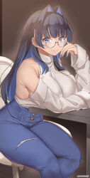 Rule 34 | 1girl, bare shoulders, black hair, blue eyes, blue hair, blue pants, blush, breasts, colored inner hair, denim, detached sleeves, glasses, hair intakes, highres, hololive, hololive english, jeans, kanachirou, large breasts, long hair, long sleeves, looking at viewer, multicolored hair, ouro kronii, pants, round eyewear, shirt, sitting, smile, solo, thick thighs, thighs, torn clothes, torn pants, virtual youtuber, white shirt