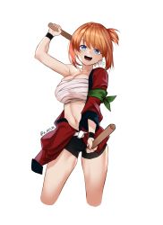 Rule 34 | 1girl, :d, arm up, bike shorts, black shorts, blue eyes, breasts, brown hair, cleavage, collarbone, cropped legs, go-toubun no hanayome, hair between eyes, highres, large breasts, long hair, looking at viewer, midriff, nakano yotsuba, navel, one side up, open mouth, sarashi, short shorts, shorts, simple background, smile, solo, standing, stomach, twitter username, white background, zasshu