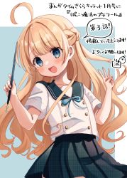 Rule 34 | 1girl, :d, ahoge, black sailor collar, black skirt, blonde hair, blue background, blue eyes, blue ribbon, blush, braid, character request, commentary request, half updo, hands up, highres, holding, long hair, looking at viewer, manga time kirara, neck ribbon, open mouth, pleated skirt, ribbon, rino cnc, sailor collar, school uniform, serafuku, shirt, short sleeves, skirt, smile, solo, translation request, two-tone background, very long hair, white background, white shirt