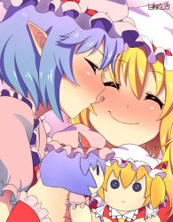 Rule 34 | 2girls, ascot, blonde hair, blue hair, blush, button eyes, buttons, character doll, kissing cheek, close-up, closed eyes, fang, female focus, flandre scarlet, hat, hat ribbon, heart, kiss, multiple girls, okachi, pointy ears, remilia scarlet, ribbon, short hair, siblings, side ponytail, sisters, smile, touhou, upper body, wrist cuffs