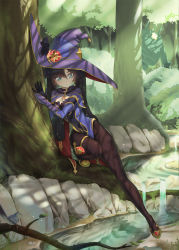 Rule 34 | 1girl, black gloves, black hair, black pantyhose, blue cape, blue hat, blue leotard, bodystocking, breasts, cape, covered navel, detached sleeves, earrings, elbow gloves, forest, fur collar, genshin impact, gloves, gold trim, green eyes, hat, hat ornament, highleg, highleg leotard, highres, jewelry, legs, leotard, long hair, looking down, medium breasts, mona (genshin impact), nature, pantyhose, solo, star (symbol), star earrings, stream, switchel, thighlet, tree, twintails, water, witch hat