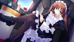 Rule 34 | 1girl, alcohol, blue eyes, blush, brown hair, chair, cup, drink, feet, flat chest, flower, game cg, guardian place, highres, legs, crossed legs, long hair, looking at viewer, maid, maid headdress, ootori aoi, open mouth, pantyhose, shoes, sitting, solo, tsurugi hagane, twintails, vase, window, wine