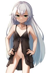 Rule 34 | 1girl, babydoll, bare arms, bare shoulders, black babydoll, black nightgown, bottomless, cleft of venus, collarbone, commentary, cowboy shot, flat chest, gluteal fold, hair between eyes, hands on own hips, highres, hudeako, lingerie, long hair, looking at viewer, navel, nightgown, pumpkin scissors, pussy, septieme rodelia, simple background, smile, solo, underwear, very long hair, white background, white hair, yellow eyes
