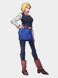 Rule 34 | 1girl, android 18, black shirt, blonde hair, blue eyes, blue skirt, boots, brown footwear, closed mouth, denim, denim skirt, dragon ball, dragonball z, full body, grey background, hand on own hip, kemachiku, looking at viewer, shirt, short hair, simple background, skirt, solo, standing, striped sleeves, white sleeves