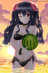 Rule 34 | 1girl, ;p, artist name, bandeau, bikini, black bikini, black hair, blush, breasts, choker, closed mouth, cloud, collarbone, commentary request, flower, food, fruit, hair between eyes, hair flower, hair ornament, helvetica std, hibiscus, highres, holding, holding food, long hair, looking at viewer, medium breasts, navel, neptune (series), one eye closed, outdoors, partially submerged, red eyes, side-tie bikini bottom, signature, sky, smile, solo, stomach, strapless, strapless bikini, sun, sunset, swimsuit, tongue, tongue out, two side up, uni (neptunia), wading, water, watermark, watermelon, web address