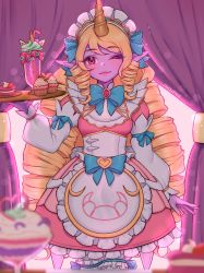 Rule 34 | 1girl, absurdres, apron, artist name, blonde hair, bow, bowtie, brooch, cafe cuties soraka, closed mouth, cupcake, curtains, dress, drill hair, female focus, food, frilled dress, frills, green bow, green bowtie, hair bow, heart, highres, holding, holding tray, horns, jewelry, league of legends, long hair, long sleeves, looking at viewer, maid, maid headdress, nanumn, one eye closed, single horn, smile, solo, soraka (league of legends), tray, twin drills, twintails