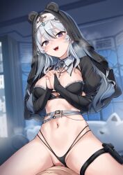 Rule 34 | 1boy, 1girl, :d, absurdres, belt, bikini, bikini bottom aside, black bikini, blush, breasts, clothing aside, commentary request, commission, cowgirl position, cross, cross necklace, girl on top, grey belt, grey hair, habit, henria, hetero, highres, holster, indie virtual youtuber, interlocked fingers, jewelry, large breasts, long hair, long sleeves, navel, necklace, nun, open mouth, own hands together, purple eyes, sex, skeb commission, smile, straddling, sweat, swimsuit, teeth, thigh strap, tongue, upper teeth only, virtual youtuber