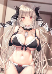 Rule 34 | 1girl, absurdres, azur lane, between breasts, bikini, black bra, black gloves, black panties, black ribbon, blonde hair, blurry, blurry background, blush, bow, bow panties, bra, breasts, cleavage, commentary request, cowboy shot, detached collar, dutch angle, elbow gloves, formidable (azur lane), front-tie top, gloves, groin, hair ribbon, highres, indoors, large breasts, liya, long hair, looking at viewer, maid, maid bikini, navel, panties, parted lips, red eyes, ribbon, solo, standing, swimsuit, triangle mouth, twintails, two-tone ribbon, unconventional maid, underwear, very long hair, white ribbon