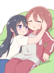 Rule 34 | 2girls, age difference, black hair, blue eyes, blush, brown hair, casual, child, closed eyes, commentary request, couch, hair between eyes, hand on another&#039;s cheek, hand on another&#039;s face, hatafuta, hoshino miyako (wataten), jacket, long hair, looking at another, multiple girls, on couch, onee-loli, open clothes, open jacket, open mouth, pants, red jacket, red pants, shirosaki hana, shirt, short hair, short sleeves, simple background, sitting, sleeping, track jacket, track pants, track suit, very long hair, watashi ni tenshi ga maiorita!, white background, white shirt, yuri