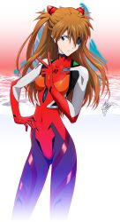 Rule 34 | 1girl, blue eyes, bodysuit, breasts, brown hair, evangelion: 3.0 you can (not) redo, eyepatch, hair over one eye, hand on own hip, highres, interface headset, long hair, marco albiero, medium breasts, multicolored bodysuit, multicolored clothes, neon genesis evangelion, plugsuit, rebuild of evangelion, signature, skin tight, solo, souryuu asuka langley, v
