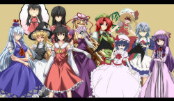 Rule 34 | &gt; &lt;, 6+girls, antenna hair, apron, ascot, bat wings, black hair, blonde hair, blue eyes, blue hair, border, bow, braid, breasts, chibi, chibi inset, chinese clothes, cleavage, colorized, crescent, crossed arms, detached sleeves, dress, elbow gloves, everyone, closed eyes, hand fan, fan over face, female focus, flandre scarlet, frilled dress, frilled skirt, frills, gloves, glowing, glowing eyes, hakurei reimu, hat, hat bow, hat ribbon, highres, hong meiling, izayoi sakuya, japanese clothes, kamishirasawa keine, kirisame marisa, large breasts, long dress, long hair, long sleeves, m.u.g.e.n, maid, maid apron, maid headdress, miko, multiple girls, nontraditional miko, original, patchouli knowledge, purple hair, red eyes, red hair, remilia scarlet, ribbon, sendai hakurei no miko, shaded face, short sleeves, single braid, skirt, star (symbol), touhou, twin braids, white gloves, wings, witch hat, wristband, yagami (mukage), yakumo yukari, yellow eyes