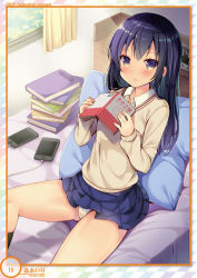 Rule 34 | 1girl, black hair, black socks, blue eyes, blue skirt, book, book stack, brown sweater, cellphone, charging device, clock, closed mouth, collared shirt, crotch seam, curtains, digital clock, expressionless, highres, holding, holding book, kneehighs, long hair, long sleeves, looking at viewer, miniskirt, mori airi, multicolored eyes, on bed, open book, original, otona no moeoh, panties, phone, pillow, pleated skirt, reclining, shirt, sidelocks, skirt, smartphone, socks, solo, sweater, thighs, undershirt, underwear, white panties, white shirt, window