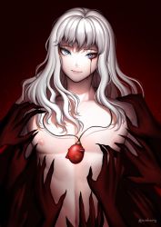 Rule 34 | 1boy, behelit, berserk, blood, blood on face, bloody tears, blue eyes, closed mouth, commentary, disembodied hand, disembodied hand, english commentary, extra arms, griffith (berserk), highres, jewelry, light smile, long hair, looking at viewer, male focus, necklace, nipples, pectorals, reizdrawing, solo focus, white hair