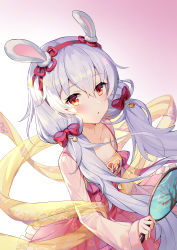 Rule 34 | 1girl, absurdres, animal ears, azur lane, bell, bow, breasts, commentary request, dress, fingernails, frilled dress, frills, gradient background, hair between eyes, hair bow, hairband, highres, holding, jingle bell, laffey (azur lane), laffey (white rabbit welcomes the spring) (azur lane), long sleeves, looking at viewer, low twintails, mo xiaoxue, parted lips, pink background, pleated dress, rabbit ears, red bow, red dress, red eyes, red hairband, see-through, shawl, silver hair, sleeves past wrists, small breasts, solo, twintails, white background, wide sleeves