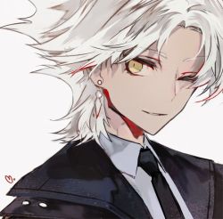 Rule 34 | 1boy, amakusa shirou (fate), black coat, black necktie, coat, collared shirt, commentary request, earrings, fate/apocrypha, fate (series), heart, jewelry, looking at viewer, male focus, mo (mocopo), necktie, one eye closed, parted bangs, shirt, simple background, smile, solo, white background, white hair, white shirt, wing collar, yellow eyes