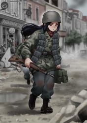 Rule 34 | 1girl, 1other, absurdres, ammunition, ammunition box, black footwear, black hair, black pants, blurry, blurry background, boots, camouflage, camouflage jacket, city, commission, explosive, full body, german army, gewehr 43, green jacket, grenade, grey sky, gun, helmet, highres, holding, holding gun, holding weapon, jacket, long hair, long sleeves, looking at viewer, mardjan, military, combat helmet, military uniform, open mouth, original, outdoors, pants, paratrooper, red eyes, red scarf, rifle, scarf, sky, uniform, weapon, world war ii