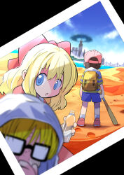 Rule 34 | 1girl, 2boys, :o, backpack, bag, baseball bat, baseball cap, black-framed eyewear, black hair, blonde hair, blue eyes, blue shorts, blue sky, bottle, bow, bridge, city, cloud, day, desert, footprints, furrowed brow, hair bow, hat, highres, holding, holding baseball bat, in-universe location, jeff andonuts, mother (game), mother 2, multiple boys, ness (mother 2), nintendo, open mouth, outdoors, paula (mother 2), rascal (feuille), red bow, red footwear, red headwear, sand, shirt, shoes, shorts, sky, socks, striped clothes, striped shirt, water bottle, white socks