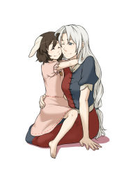 Rule 34 | 2girls, animal ears, arm support, barefoot, blue eyes, braid, brown hair, carrot, closed eyes, constellation, dress, feet, female focus, hug, inaba tewi, jewelry, long hair, md5 mismatch, multiple girls, pendant, pink dress, rabbit ears, short hair, short sleeves, silver hair, simple background, sitting, sitting on lap, sitting on person, torinone, touhou, white background, yagokoro eirin