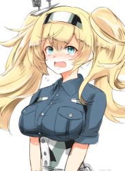 Rule 34 | 10eki (tenchou), 1girl, blonde hair, blue eyes, blue shirt, breast pocket, breasts, collared shirt, commentary request, cowboy shot, crying, crying with eyes open, gambier bay (kancolle), hair between eyes, hair ornament, hairband, highres, kantai collection, large breasts, long hair, one-hour drawing challenge, pocket, shirt, short sleeves, simple background, solo, tears, twintails, white background