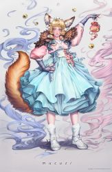 Rule 34 | 1girl, absurdres, animal ear fluff, animal ears, bag, bell, black gloves, blonde hair, blue dress, brown eyes, dress, facial mark, feather trim, fingerless gloves, floral print, flower, fox ears, fox tail, full body, gloves, hair ornament, hand on own hip, highres, jingle bell, long sleeves, looking at viewer, mucuzi, nail polish, parted lips, pink flower, pouch, simple background, solo, standing, tail, tassel, whisker markings, white background, yellow nails