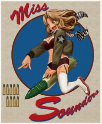 Rule 34 | 10s, 1girl, abazu-red, ammunition, blonde hair, bra, checkered clothes, checkered scarf, dr. strangelove, garter straps, girls und panzer, high heels, index finger raised, jacket, kay (girls und panzer), long hair, military jacket, nose art, panties, pinup (style), red bra, red footwear, red panties, riding, saunders military uniform, scarf, shell (projectile), shoes, solo, thighhighs, underwear, white thighhighs
