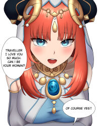 Rule 34 | 1girl, 1nilla&#039;, :d, absurdres, blue eyes, blush, breasts, brooch, commentary, english commentary, fake horns, genshin impact, highres, horns, jewelry, large breasts, long hair, long sleeves, looking at viewer, neck ring, nilou (genshin impact), open mouth, red hair, simple background, smile, solo, speech bubble, veil, white background