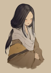 Rule 34 | 1girl, absurdres, black hair, blush, closed eyes, commentary request, divine child of rejuvenation, happy, highres, japanese clothes, kimono, long hair, long sleeves, low ponytail, multicolored hair, panye, parted bangs, sekiro: shadows die twice, smile, solo, streaked hair, two-tone hair, white hair, wide sleeves
