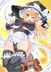 Rule 34 | 1girl, ;d, apron, black thighhighs, blonde hair, blush, boots, bow, breasts, brown footwear, cameltoe, covered erect nipples, elbow gloves, fingerless gloves, fist pump, gloves, hat, hat bow, hip focus, hisui (stapspats), impossible clothes, impossible shirt, jumping, kirisame marisa, large breasts, large hat, leotard, long hair, low-tied long hair, one eye closed, open mouth, partially visible vulva, puffy nipples, sash, shirt, smile, solo, star (symbol), thighhighs, touhou, tsurime, vest, waist apron, witch hat