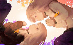 Rule 34 | 2girls, argyle, argyle clothes, argyle legwear, black choker, black jacket, black skirt, brown flower, brown hair, choker, copyright request, eye contact, floral background, flower, grey background, hair bun, hands up, highres, interlocked fingers, jacket, long hair, long sleeves, looking at another, multiple girls, one side up, own hands clasped, own hands together, pantyhose, parted lips, puffy long sleeves, puffy sleeves, purple eyes, purple flower, purple legwear, red flower, rotational symmetry, side bun, signature, simple background, single hair bun, single side bun, skirt, sleeves past wrists, uzura (bonnet225), white jacket