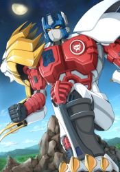 Rule 34 | 1990s (style), 1boy, beast wars, beast wars ii, blue sky, claws, cloud, cloudy sky, day, fangs, full body, glowing, insignia, lio convoy, looking at viewer, machine, machinery, male focus, mamiya myanmar, maximal, mecha, moon, no humans, open mouth, outdoors, personification, retro artstyle, robot, sky, solo, space, standing, star (sky), star (symbol), starry sky, teeth, transformers, weapon, yellow eyes