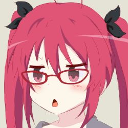 Rule 34 | 1girl, ahoge, blush, bow, chestnut mouth, cthugha (nyaruko-san), frown, glasses, hair bow, hair ribbon, haiyore! nyaruko-san, red eyes, red hair, ribbon, simple background, solo, triangle mouth, twintails, yasai yuuki