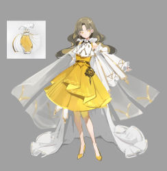 Rule 34 | 1girl, cape, chyoel, closed mouth, detached sleeves, dress, grey background, grey hair, high heels, highres, long sleeves, looking at viewer, original, shoes, simple background, solo, white cape, yellow dress, yellow eyes, yellow footwear