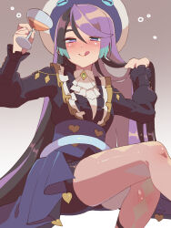 Rule 34 | 1girl, adjusting hair, ascot, black hair, black shirt, blue hair, blush, brown pantyhose, carron (pretty series), cup, drunk, frilled shirt, frills, gem, gradient background, grey background, half-closed eyes, hands up, highres, holding, holding cup, invisible chair, long hair, long sleeves, looking at viewer, multicolored hair, nose blush, pantyhose, pretty series, purple eyes, purple hair, purple skirt, shirt, sitting, skirt, smile, solo, squeans, tongue, tongue out, tsujii luki, very long hair, waccha primagi!