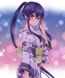 Rule 34 | 10s, 1girl, black hair, blush, breasts, floral print, from side, hair between eyes, hand in own hair, ichinomiya (blantte), japanese clothes, kantai collection, kimono, long hair, looking at viewer, medium breasts, night, obi, parted lips, ponytail, purple kimono, red eyes, red scrunchie, sash, scrunchie, solo, upper body, very long hair, wide sleeves, yahagi (kancolle)