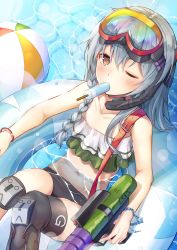 Rule 34 | 1girl, ball, bare shoulders, beachball, bikini, black bikini, black thighhighs, blush, bracelet, braid, brown eyes, closed mouth, collarbone, commentary request, day, diving mask, diving mask on head, finger on trigger, food in mouth, g11 (girls&#039; frontline), girls&#039; frontline, goggles, goggles on head, grey hair, hair between eyes, highres, holding, hyonee, innertube, jewelry, knee pads, layered bikini, long hair, looking at viewer, lying, mismatched bikini, mouth hold, navel, on back, one eye closed, outdoors, side braid, single braid, single thighhigh, snorkel, solo, swim ring, swimsuit, thighhighs, water, water gun, white bikini