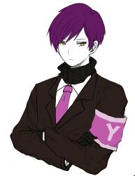 Rule 34 | 1boy, armband, black gloves, black sweater, brown jacket, collared shirt, colored skin, commentary, crossed arms, gloves, jacket, lobotomy corporation, long sleeves, male focus, necktie, project moon, purple armband, purple hair, purple necktie, ribbed sweater, shirt, short hair, simple background, solo, soraoni, sweater, turtleneck, turtleneck sweater, upper body, white background, white shirt, white skin, yellow eyes, yesod (project moon)