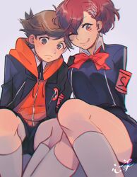 Rule 34 | 1boy, 1girl, amada ken, black jacket, black shorts, black skirt, bow, bowtie, brown eyes, brown hair, closed mouth, collared shirt, commentary request, feet out of frame, hair ornament, hairclip, highres, hood, hood down, hoodie, jacket, kokomi (aniesuakkaman), looking at viewer, one eye closed, open clothes, open jacket, orange hoodie, persona, persona 3, persona 3 portable, red bow, red bowtie, s.e.e.s, shiomi kotone, shirt, shorts, sitting, skirt, smile, socks, sweatdrop, tongue, tongue out, white shirt, white socks