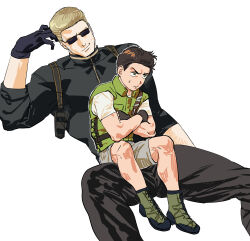 Rule 34 | 123456dyom, 2boys, absurdres, albert wesker, bara, black gloves, black hair, black pants, black shirt, blonde hair, bulletproof vest, child, chris redfield, closed mouth, crossed arms, gloves, green shorts, highres, looking at another, male focus, multiple boys, muscular, muscular male, pants, resident evil, resident evil 1, resident evil 5, shirt, short hair, shorts, smile, sunglasses, white shirt
