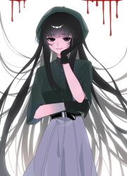 Rule 34 | 1boy, 1girl, belt, black belt, black eyes, black gloves, black hair, blunt bangs, breasts, chinese commentary, collared shirt, commentary request, cowboy shot, gloves, green eyes, green hat, green shirt, hand on own cheek, hand on own face, hat, heterochromia, highres, long hair, medium breasts, meiri shesi shiwan ci, naihe (female) (touqi guaitan), pleated skirt, shirt, short sleeves, sidelocks, simple background, skirt, smile, solo, touqi guaitan, white background, white skirt