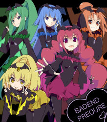 Rule 34 | 10s, 5girls, ass, bad end beauty, bad end happy, bad end march, bad end peace, bad end precure, bad end sunny, bat wings, bent over, black bodysuit, blonde hair, blue dress, blue eyes, blue hair, bodysuit, covered navel, dark persona, double v, dress, english text, fingerless gloves, frills, gem, gloves, green dress, green eyes, green hair, grin, heart, long hair, multiple girls, open mouth, orange dress, orange eyes, orange hair, pink dress, pink eyes, pink hair, ponytail, precure, short hair, skin tight, skirt, smile, smile precure!, tiara, tongue, tongue out, twintails, v, very long hair, wara (warapro), wide sleeves, wings, wink, yellow dress, yellow eyes