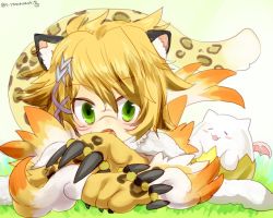 Rule 34 | 1girl, :o, animal ears, animal hands, bad id, bad pixiv id, blonde hair, cat ears, cat tail, claws, facepaint, fang, fur trim, fuu (p&amp;d), grass, green eyes, hair ornament, looking at viewer, lying, on stomach, puzzle &amp; dragons, short hair, solo, tail, tamadra, twitter username, yamanashi taiki