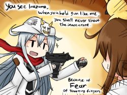 Rule 34 | 10s, 2girls, :d, ahoge, bird, black necktie, brown hair, chicken, emphasis lines, english text, engrish text, finger on trigger, fingerless gloves, flat cap, gloves, gun, hat, hibiki (kancolle), holding, holding weapon, inazuma (kancolle), kantai collection, long hair, long sleeves, mask, meme, multiple girls, necktie, open mouth, phantasy star, phantasy star online 2, ranguage, rappy, raythalosm, red scarf, scarf, silver hair, simple background, smile, solo focus, sparkle, stalker (game), star (symbol), submachine gun, sweatdrop, upper body, verniy (kancolle), very long hair, weapon, white hat, you&#039;re doing it wrong