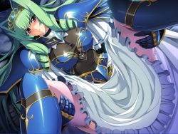 Rule 34 | 1girl, andou tomoya, armor, blush, breasts, game cg, green hair, himekishi olivia, inoino, large breasts, legs, long hair, looking at viewer, lying, nakano sora, olivia lindegald, purple eyes, solo, spread legs, thighhighs, thighs