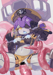 Rule 34 | 1girl, android, blue tongue, breasts, breasts out, colored skin, colored tongue, eyepatch, hat, highres, humanoid robot, mechanical arms, medium breasts, nipples, original, panties, pirate hat, purple hair, robot, saliva, shortstack, skull and crossbones, t-t u2, tearing up, tentacle sex, tentacles, tongue, tongue out, underwear, vaginal, white skin, yellow eyes, yellow panties